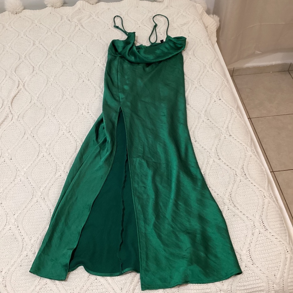 Green satin dress with high thigh slit